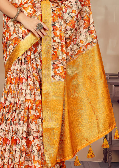 Graceful Orange-Yellow Saree with Bold Floral Prints, Luxurious Zari Borders and Butta Work - Cyclone Silk 93082 Orange Yellow Style 3