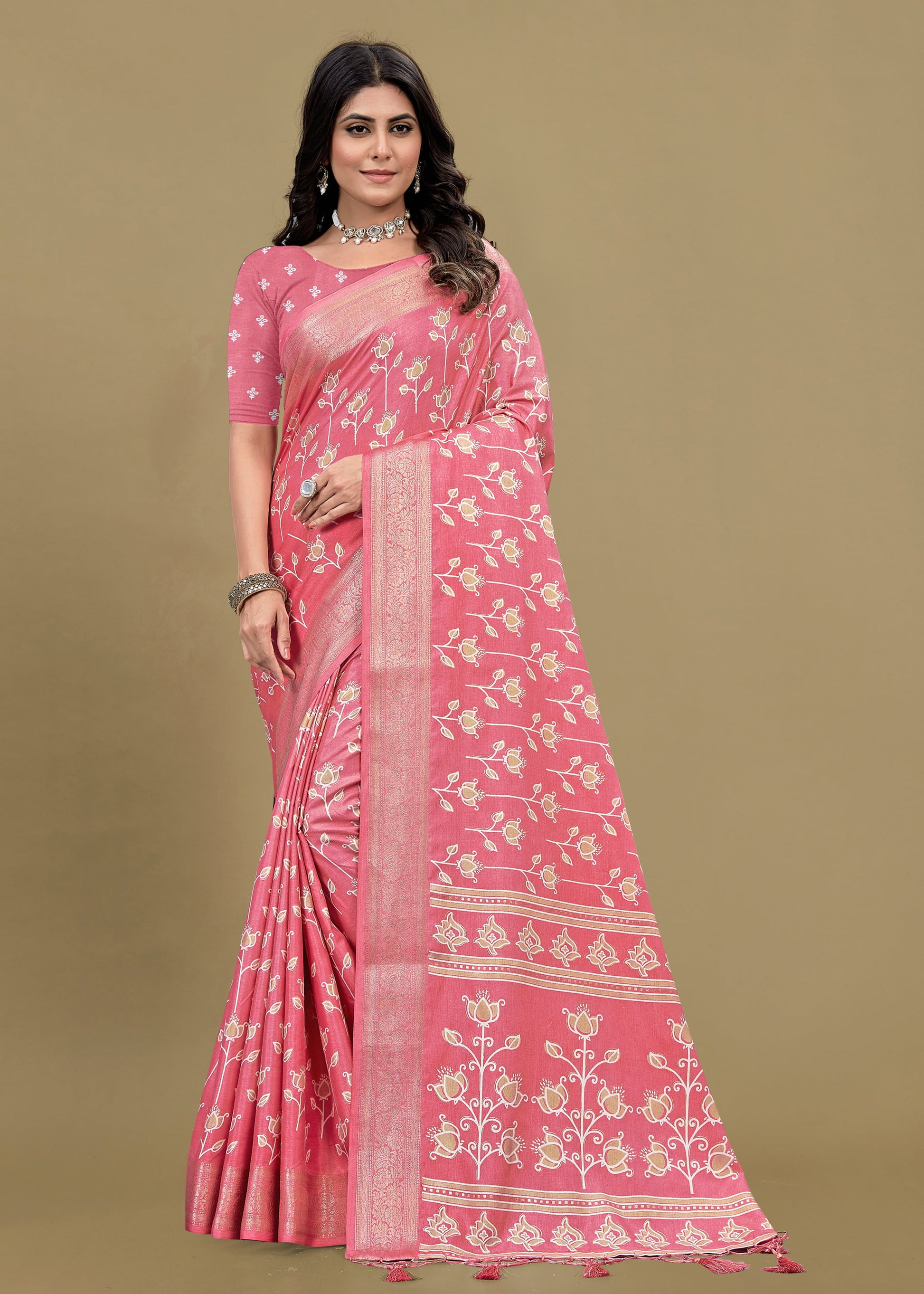 Graceful Pink Cotton Saree with Floral Print, Foil Detailing, and Zari Woven Border - Madras Silk 22065-D Pink Pose 1