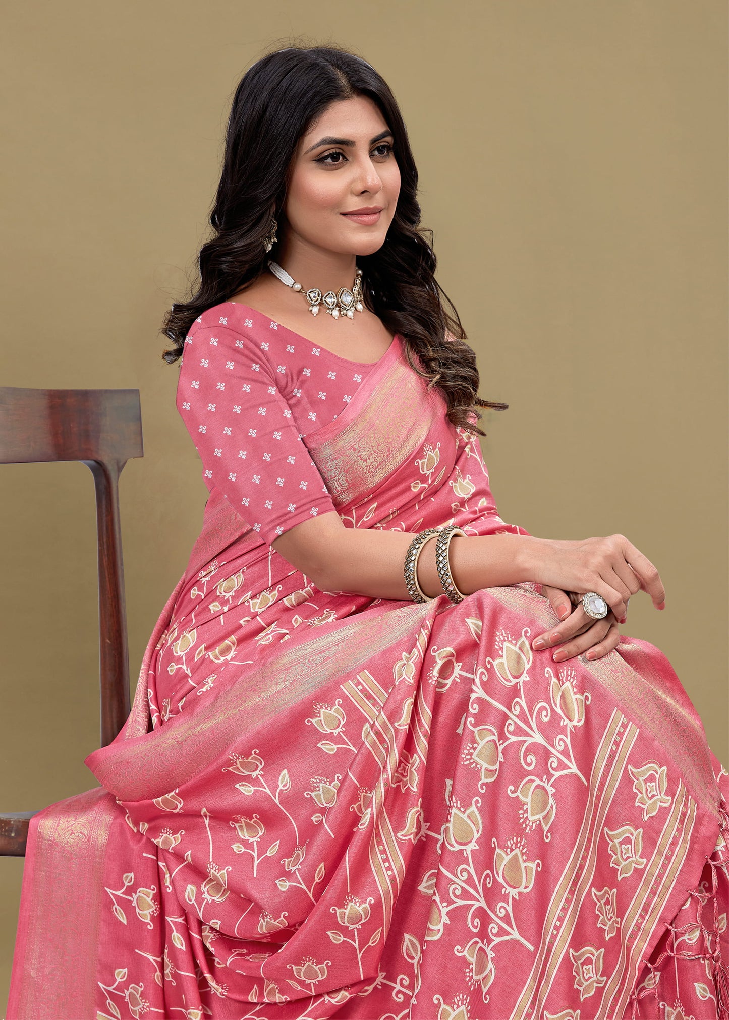 Graceful Pink Cotton Saree with Floral Print, Foil Detailing, and Zari Woven Border - Madras Silk 22065-D Pink Pose 2