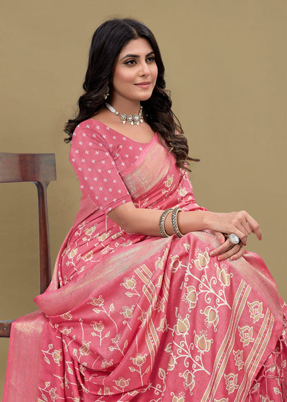 Graceful Pink Cotton Saree with Floral Print, Foil Detailing, and Zari Woven Border - Madras Silk 22065-D Pink Pose 2