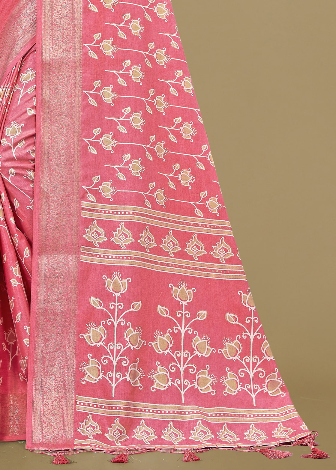 Graceful Pink Cotton Saree with Floral Print, Foil Detailing, and Zari Woven Border - Madras Silk 22065-D Pink Pose 4