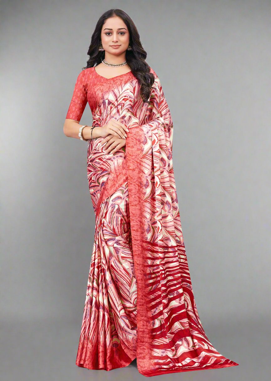 Graceful Pink Satin Crepe Saree with Modern Leaf Print Accents - Signature Prints 7715-A Pink Image 1