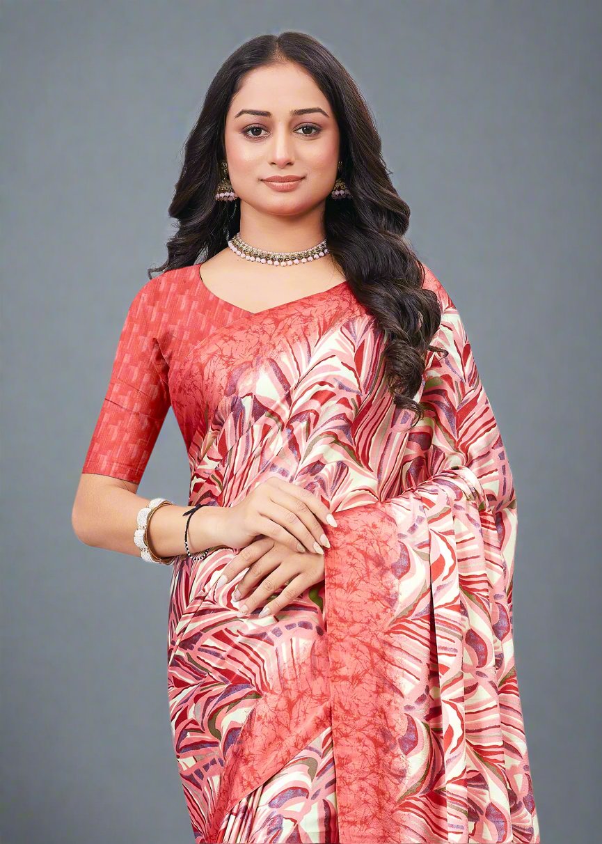 Graceful Pink Satin Crepe Saree with Modern Leaf Print Accents - Signature Prints 7715-A Pink Image 2