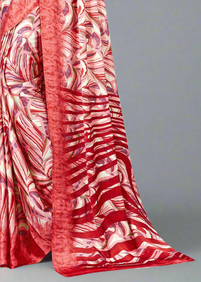 Graceful Pink Satin Crepe Saree with Modern Leaf Print Accents - Signature Prints 7715-A Pink Image 3