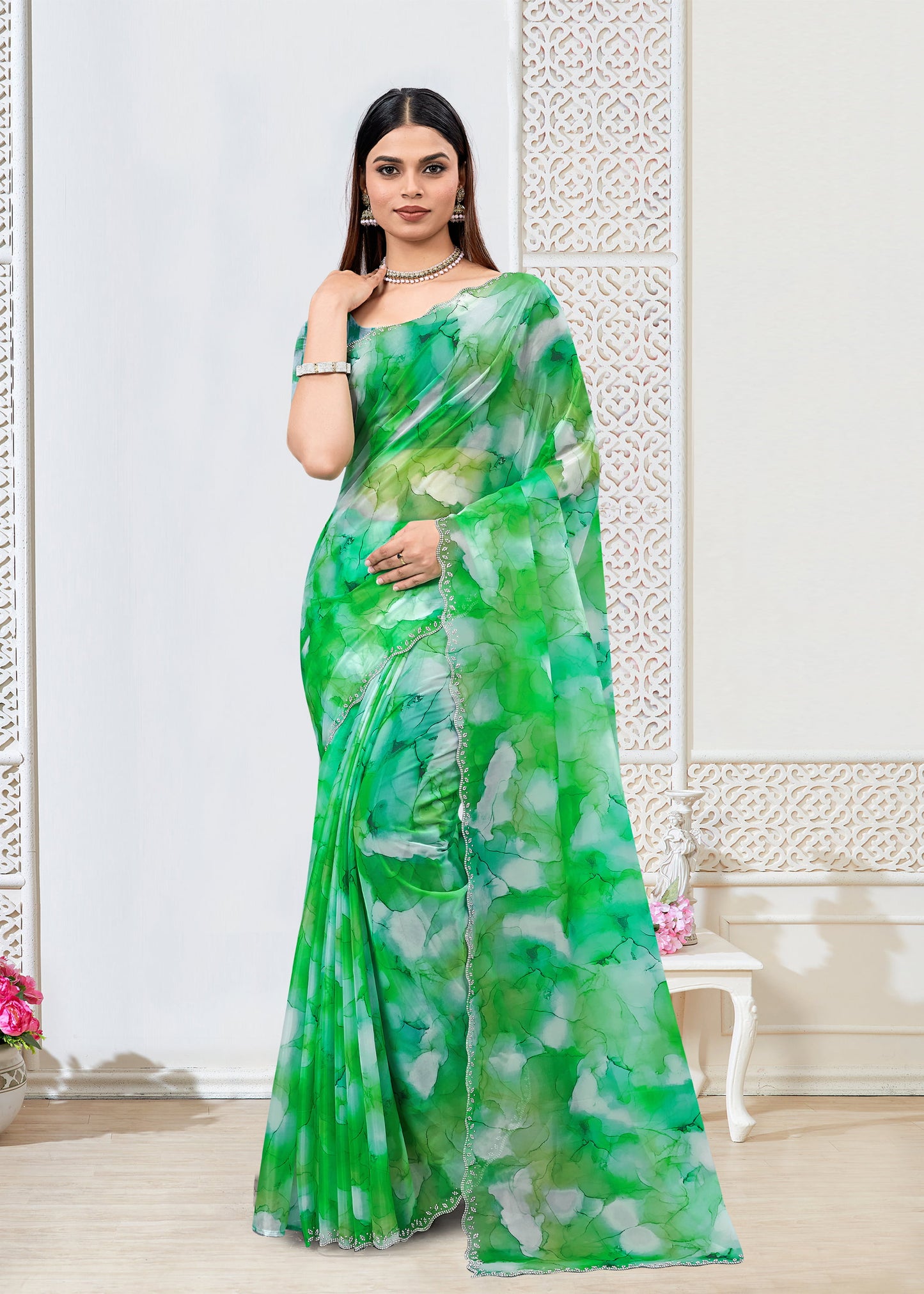 Green Abstract Print Fine Organza Saree with Intricately Embellished Border - Panton Prints 41071 - Green Pose 1