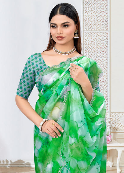 Green Abstract Print Fine Organza Saree with Intricately Embellished Border - Panton Prints 41071 - Green Pose 2