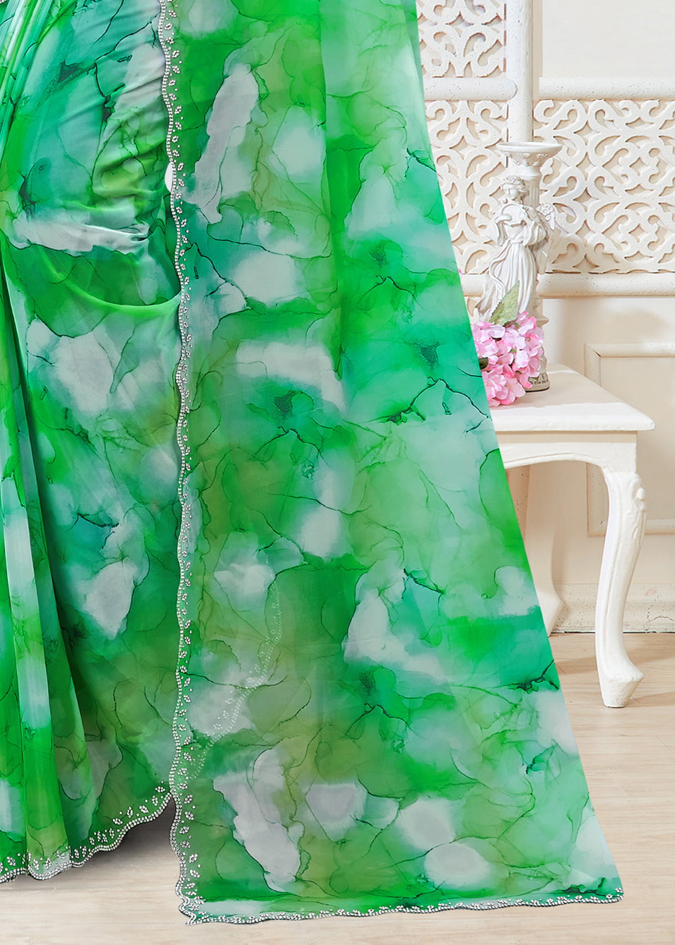 Green Abstract Print Fine Organza Saree with Intricately Embellished Border - Panton Prints 41071 - Green Pose 3