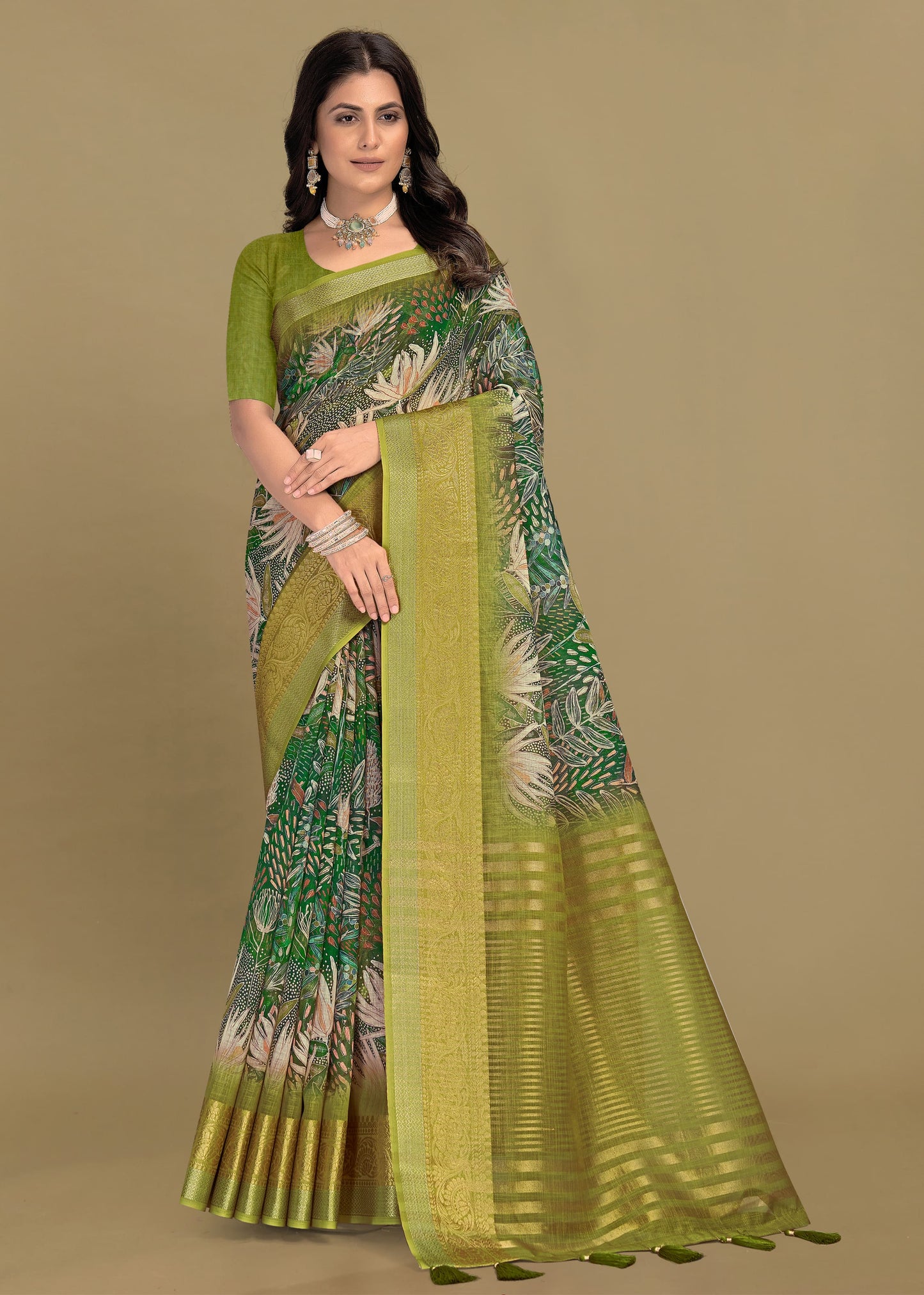 Green Silk Georgette Saree with Zari Woven Border and Floral Print Chit Pallu - Sharara Print 3091 Green Pose 1