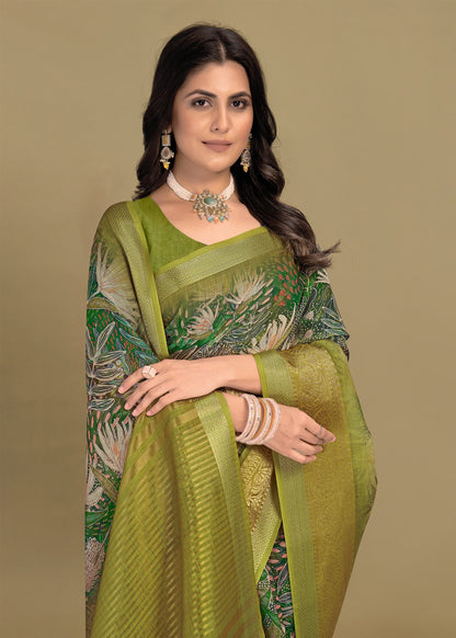 Green Silk Georgette Saree with Zari Woven Border and Floral Print Chit Pallu - Sharara Print 3091 Green Pose 2