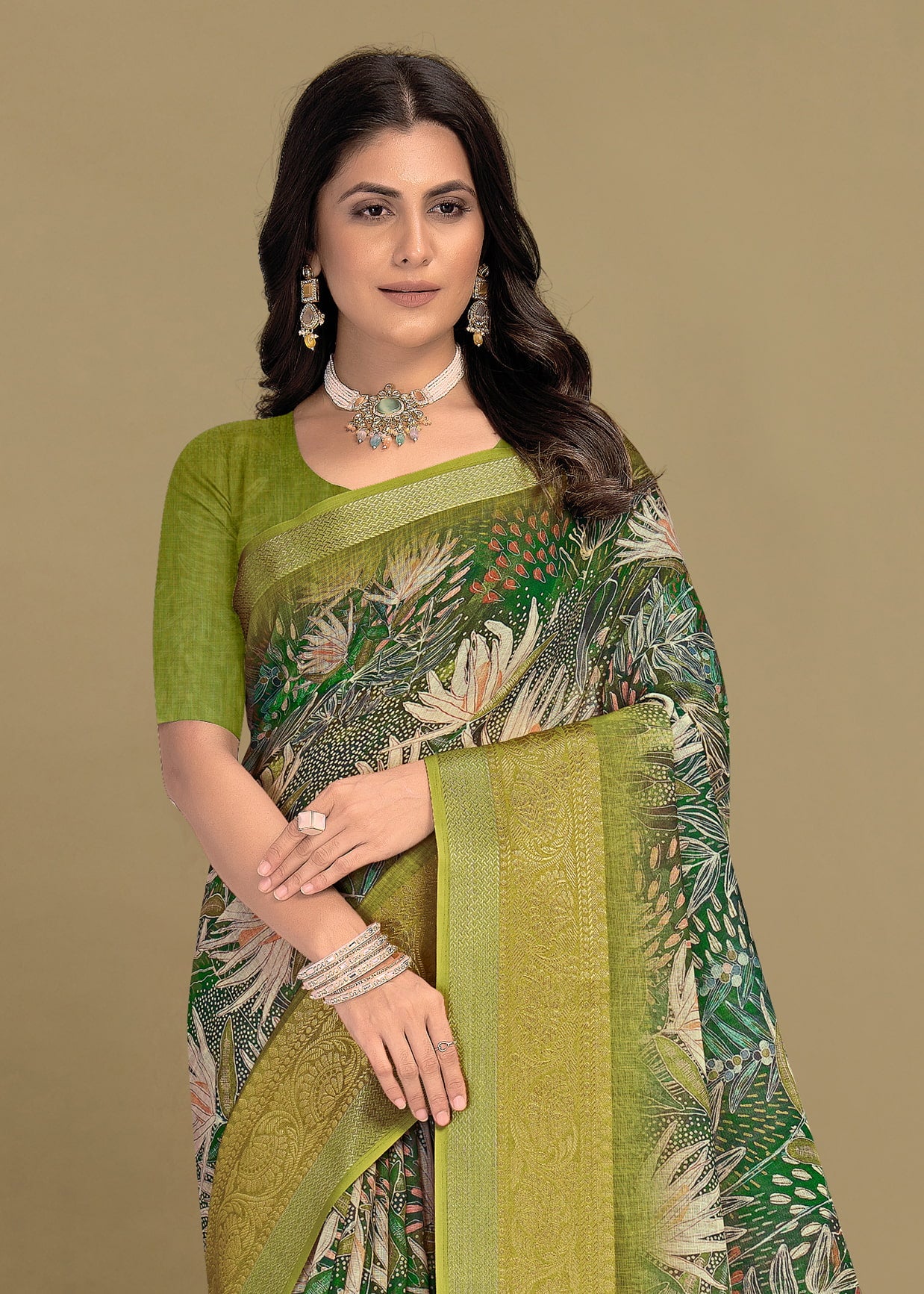 Green Silk Georgette Saree with Zari Woven Border and Floral Print Chit Pallu - Sharara Print 3091 Green Pose 3