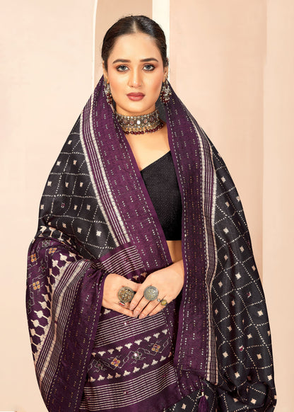 Grey Digital Ikat Print Saree with Mirror & Sequin Details and Khatha Work - Fabilon Print 37001 Grey Pose 2