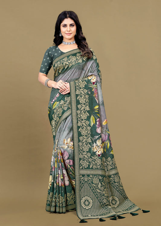 Grey Green Pure Tussar Silk Saree with Floral Digital Prints, Intricate Zari Border, Butta Motifs and Tassel Accents - Spider Silk 5568 Grey Green Image 1