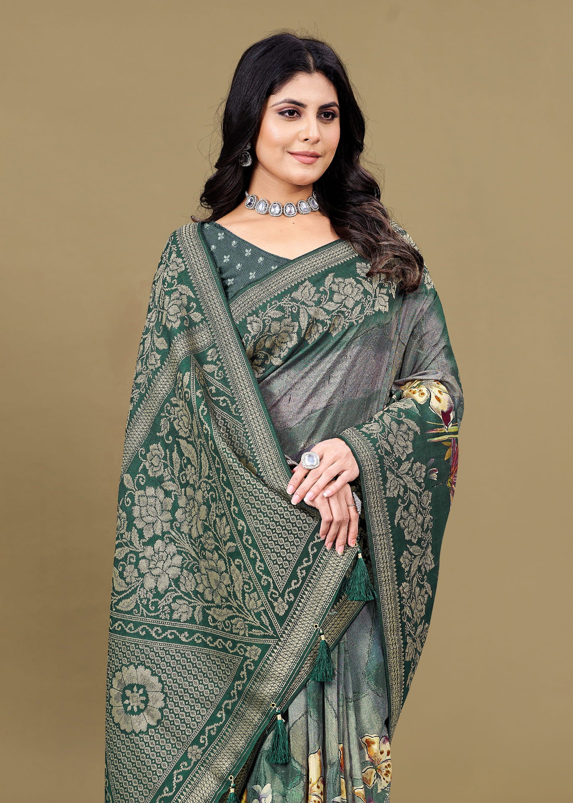 Grey Green Pure Tussar Silk Saree with Floral Digital Prints, Intricate Zari Border, Butta Motifs and Tassel Accents - Spider Silk 5568 Grey Green Image 2