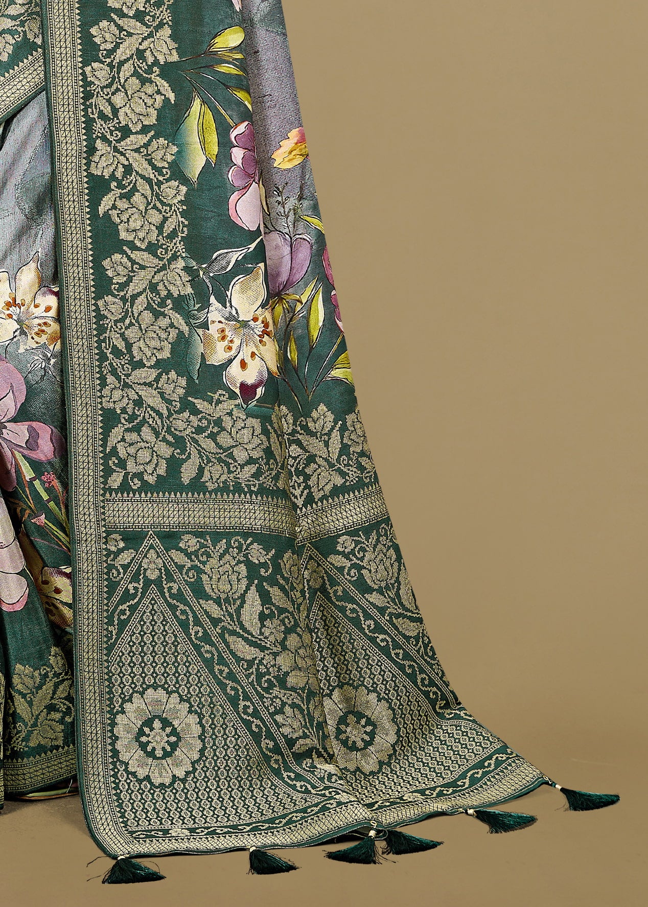 Grey Green Pure Tussar Silk Saree with Floral Digital Prints, Intricate Zari Border, Butta Motifs and Tassel Accents - Spider Silk 5568 Grey Green Image 3