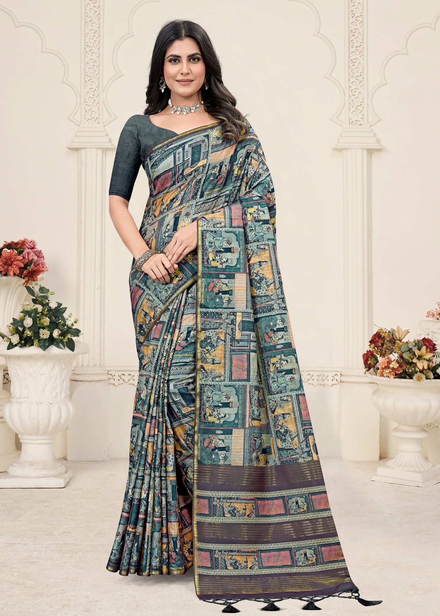 Grey Green Tussar Silk Saree with Digital Ethnic Motif Prints, Zari Embellished Border, and Chit Pallu Front View