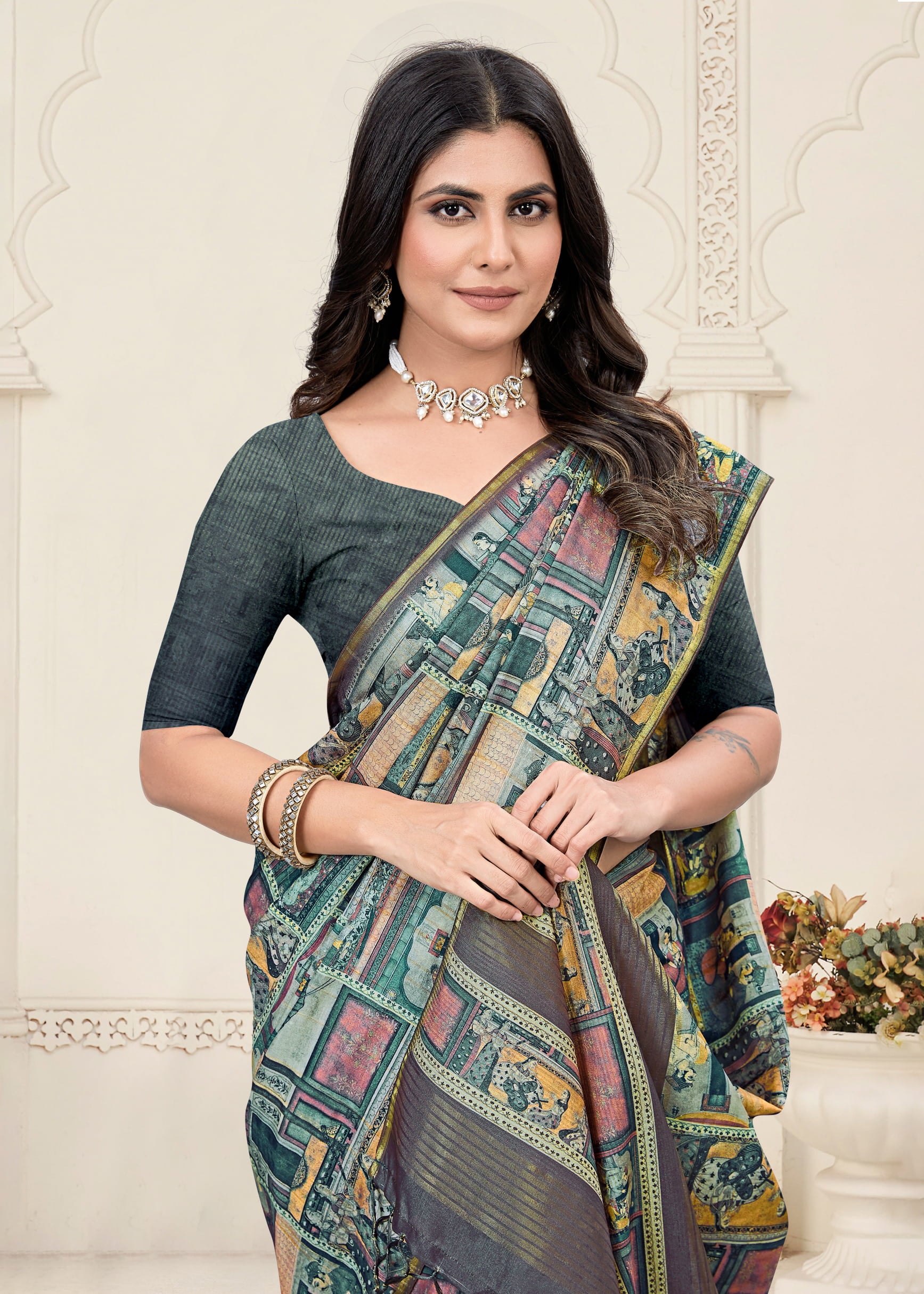 Grey Green Tussar Silk Saree with Digital Ethnic Motif Prints, Zari Embellished Border, and Chit Pallu Zoom View