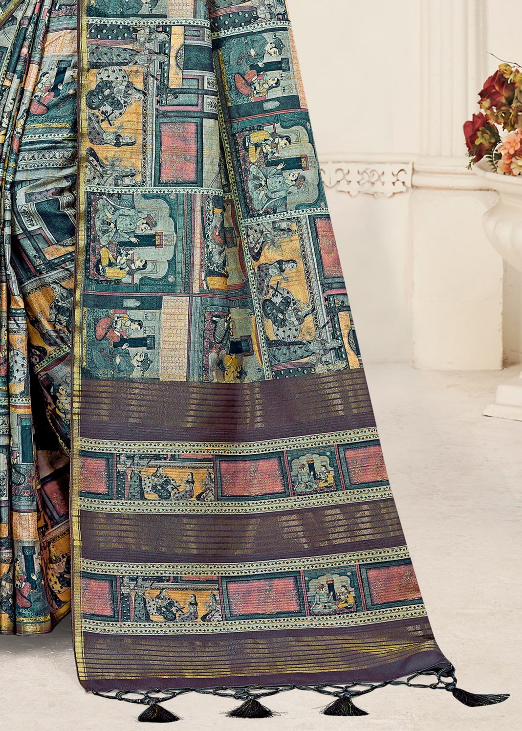 Grey Green Tussar Silk Saree with Digital Ethnic Motif Prints, Zari Embellished Border, and Chit Pallu Pallu View