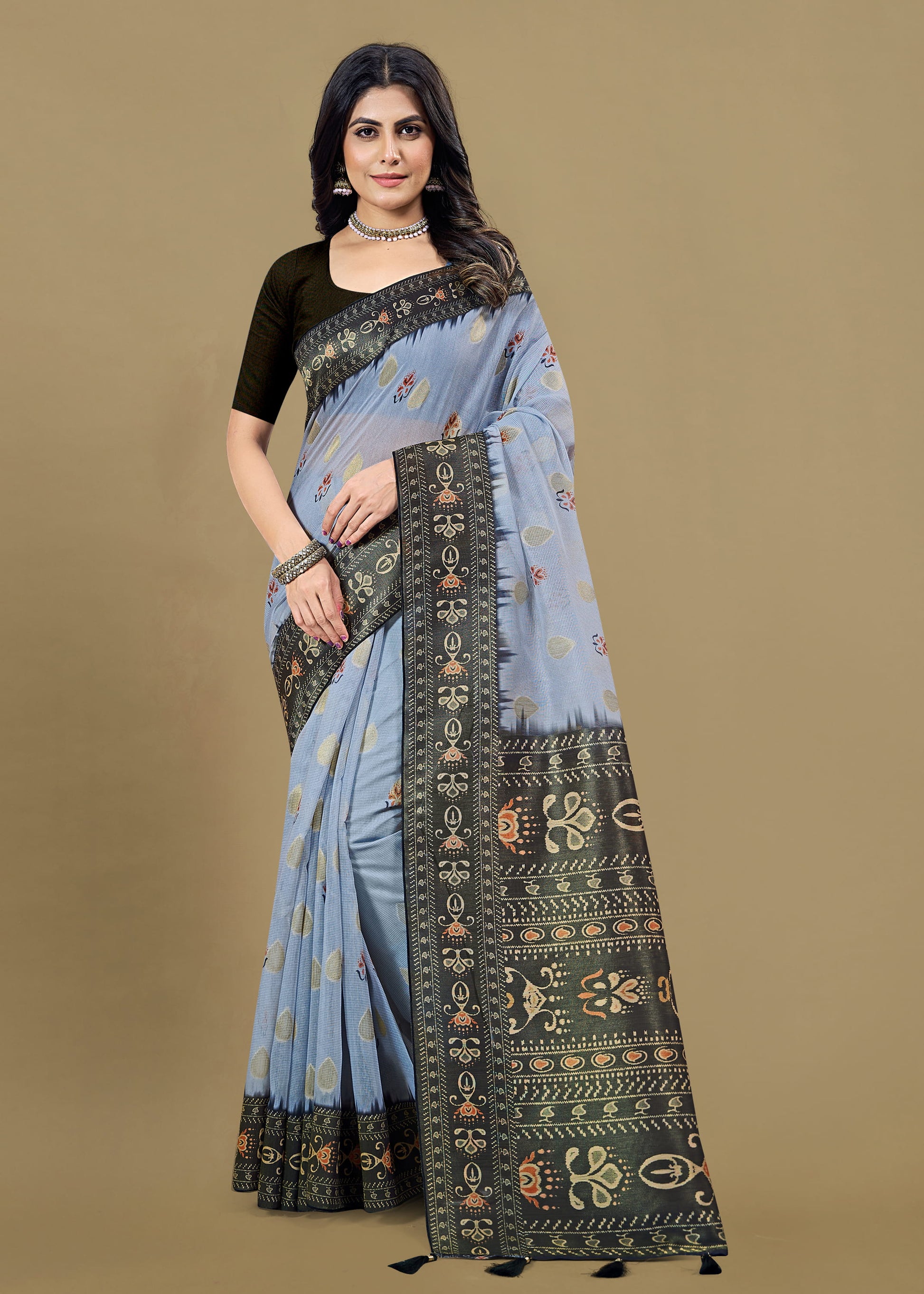 Grey Saree with Digital Ethnic Motifs, Zari Weave Detailing, and Tassel - Jhumar Prints 95009 Light Grey Pose 1