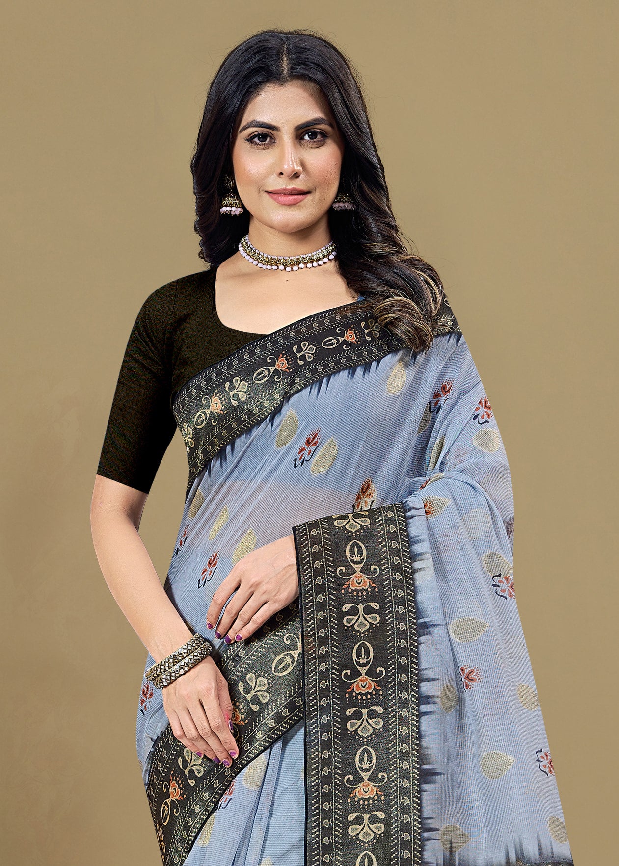 Grey Saree with Digital Ethnic Motifs, Zari Weave Detailing, and Tassel - Jhumar Prints 95009 Light Grey Pose 3