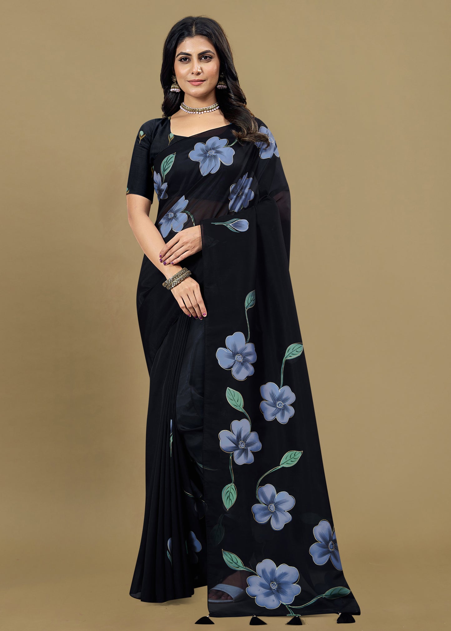 Hand-Painted Black Floral Organza Saree with Foil Accents and Delicate Tassels - Butterfly Prints 8009 Black Pose 1