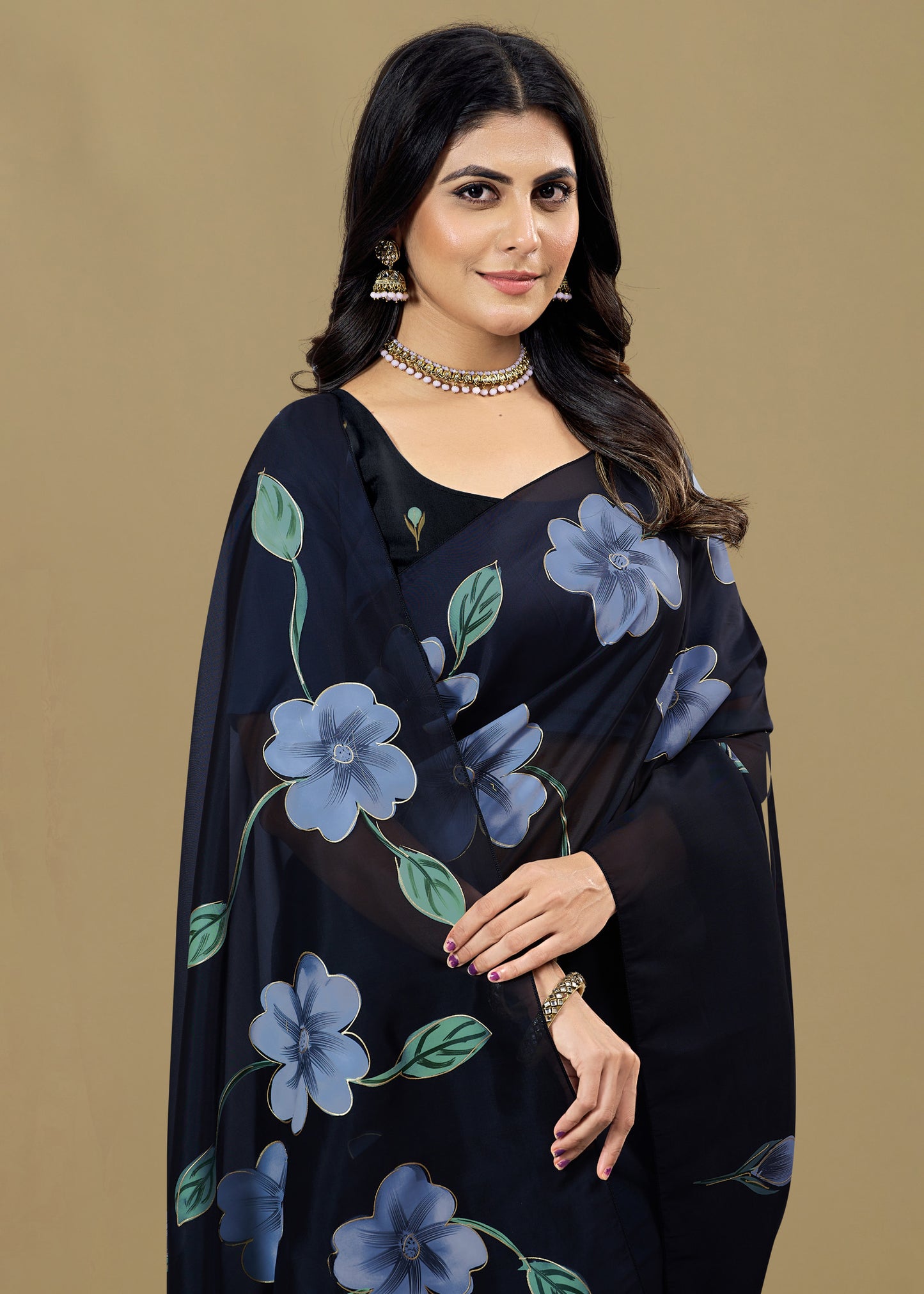 Hand-Painted Black Floral Organza Saree with Foil Accents and Delicate Tassels - Butterfly Prints 8009 Black Pose 2