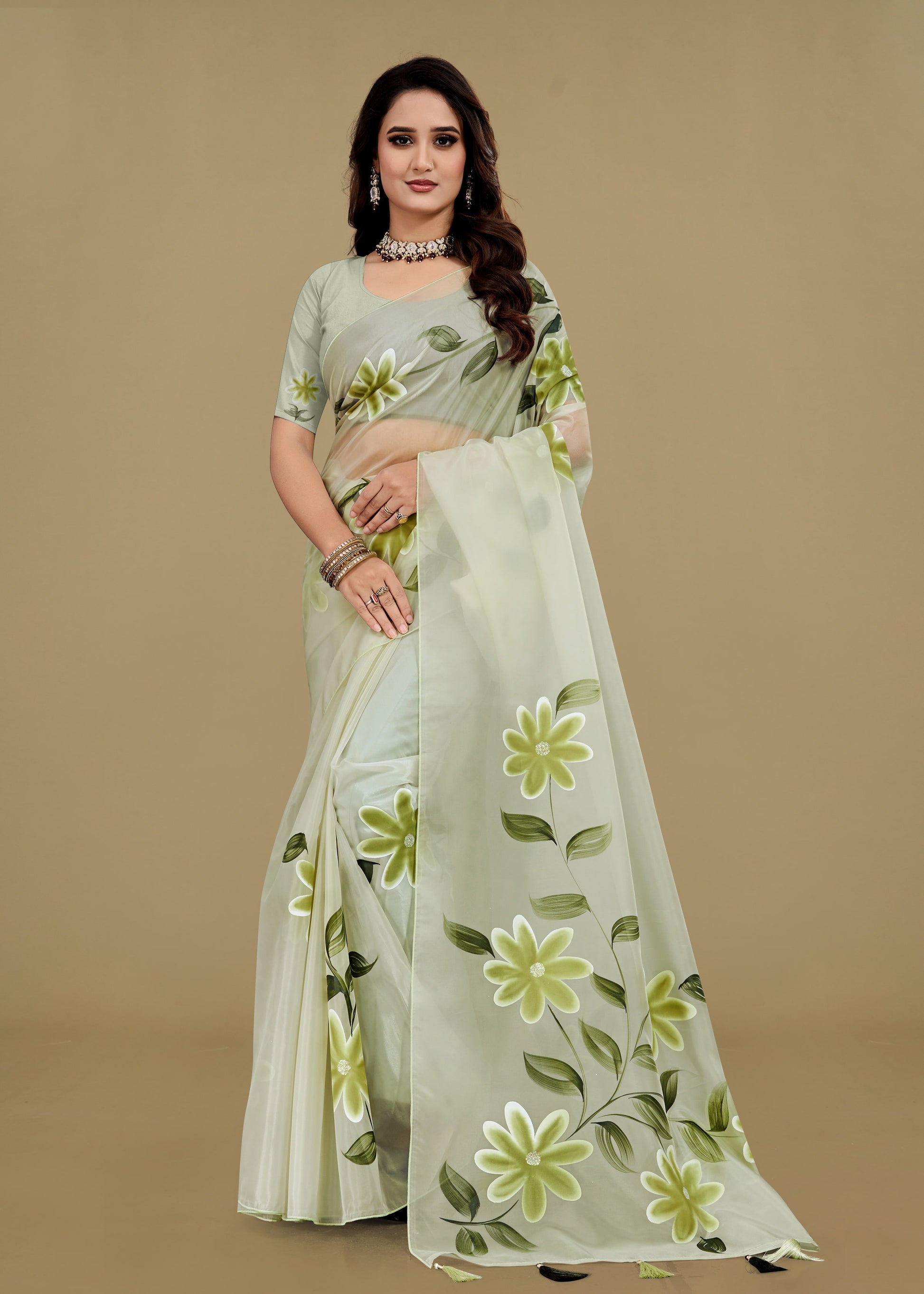 Hand-Painted Floral Organza Saree in Mint Green with Crystals and Tassels - Titli Prints 15065 Mint Green image 1