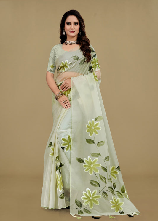 Hand-Painted Floral Organza Saree in Mint Green with Crystals and Tassels - Titli Prints 15065 Mint Green image 1