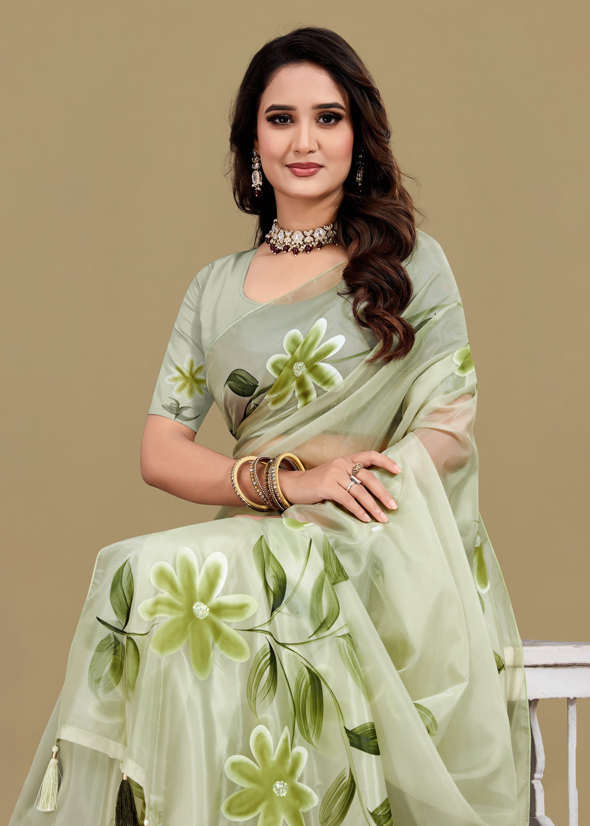 Hand-Painted Floral Organza Saree in Mint Green with Crystals and Tassels - Titli Prints 15065 Mint Green image 2