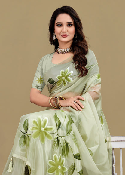 Hand-Painted Floral Organza Saree in Mint Green with Crystals and Tassels - Titli Prints 15065 Mint Green image 2