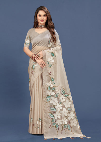 Hand-Painted Floral Organza Saree in Pale Brown with Foil Accents and Tassel - Butterfly Prints 8039 Pale Brown Modeling 1