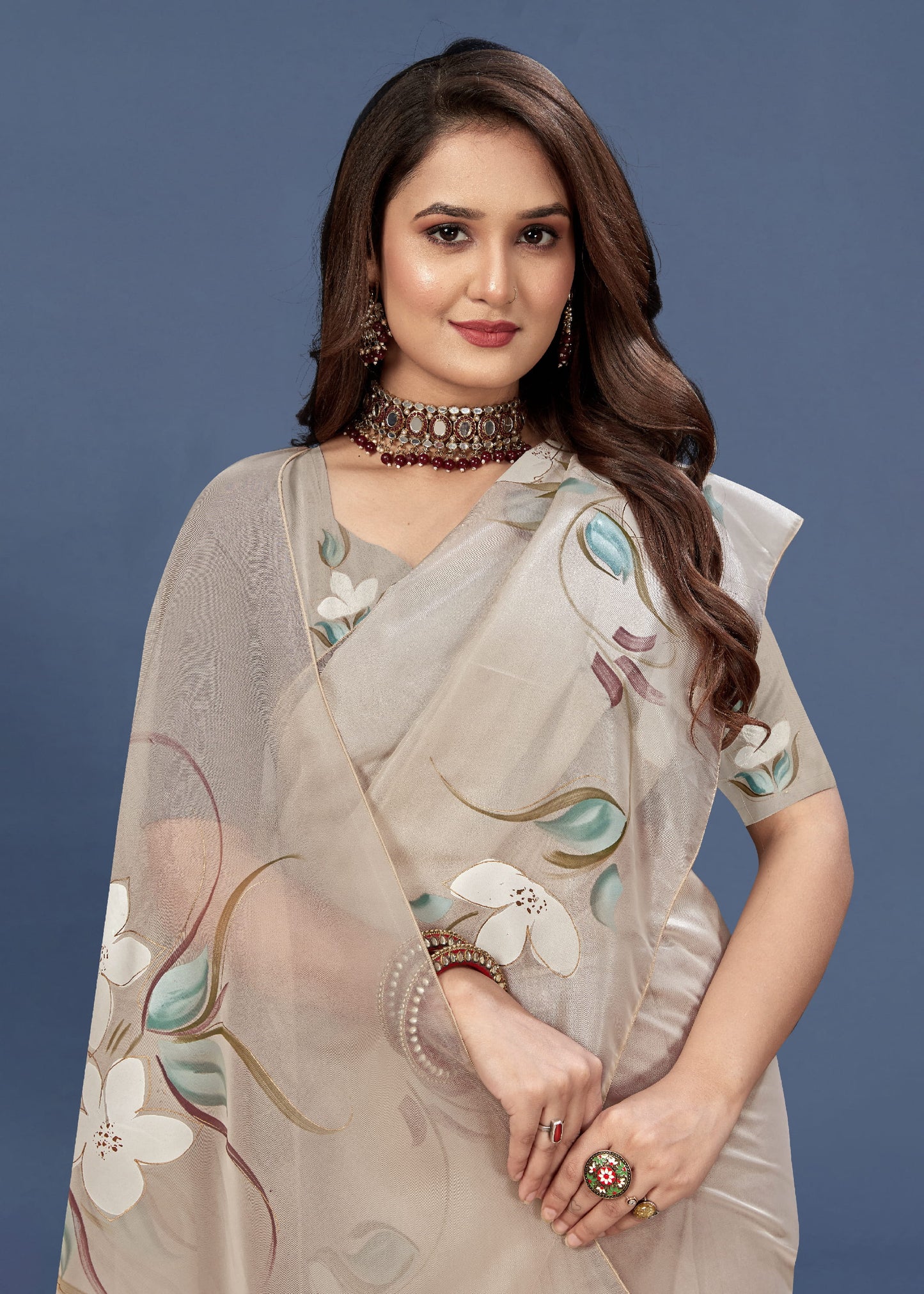 Hand-Painted Floral Organza Saree in Pale Brown with Foil Accents and Tassel - Butterfly Prints 8039 Pale Brown Modeling 2