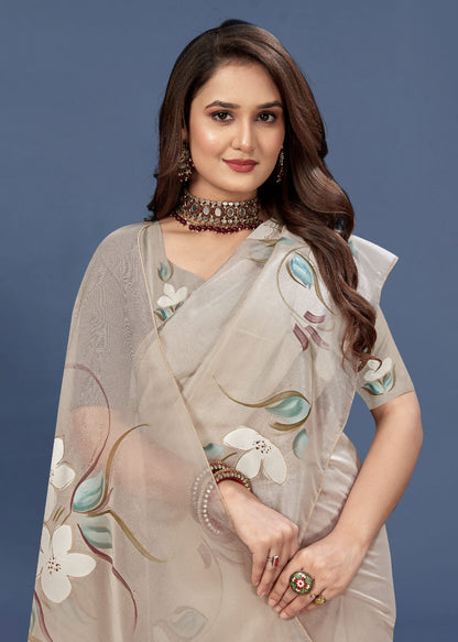 Hand-Painted Floral Organza Saree in Pale Brown with Foil Accents and Tassel - Butterfly Prints 8039 Pale Brown Modeling 2