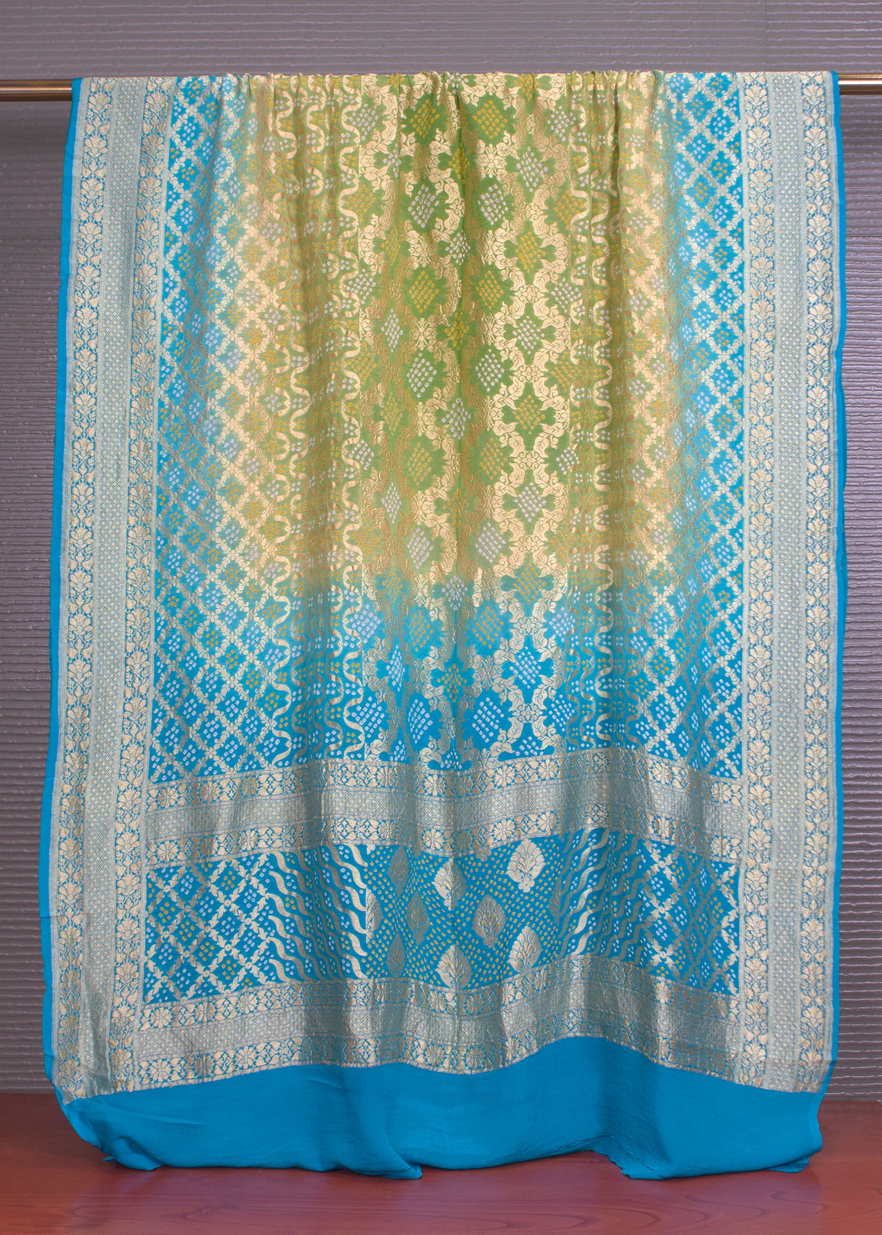 Handcrafted Sky Blue Georgette Dupatta Showcasing Classic Bandhej, Woven Zari Border and Jaal Motifs - Handwoven 8709 Sky Blue First Image