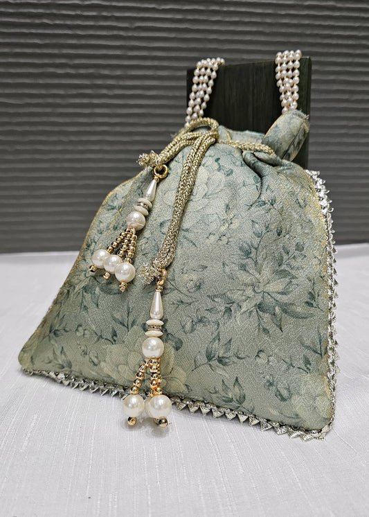 Ice Blue Digital Printed Woven Zari Art Silk Ethnic Potli Bag with Pearl String Handle - Potli D.No.06 P61 Ice Blue Full Image