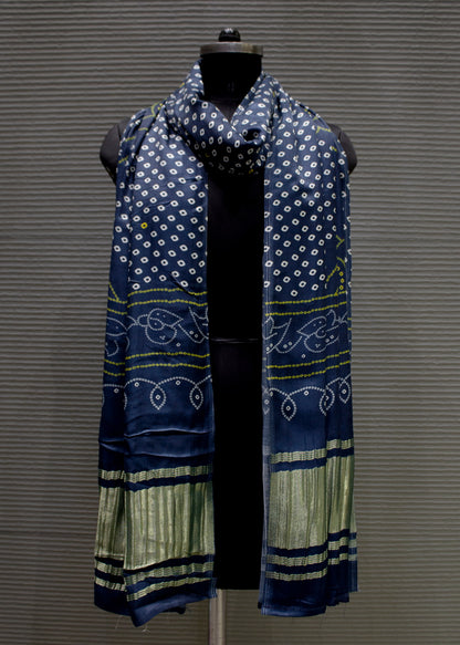 Indigo Blue Bandhani Digital Printed Designer Pure Gaji Silk Dupatta with Zari Woven Border - Pure Gaji Silk Dupatta D.No 1101 Indigo Blue Image 1