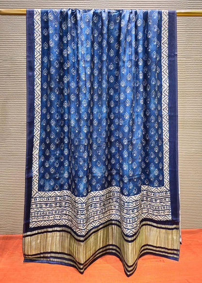 Indigo Blue Batik Digital Printed Gaji Silk Dupatta with Zari Weave Border Image 2