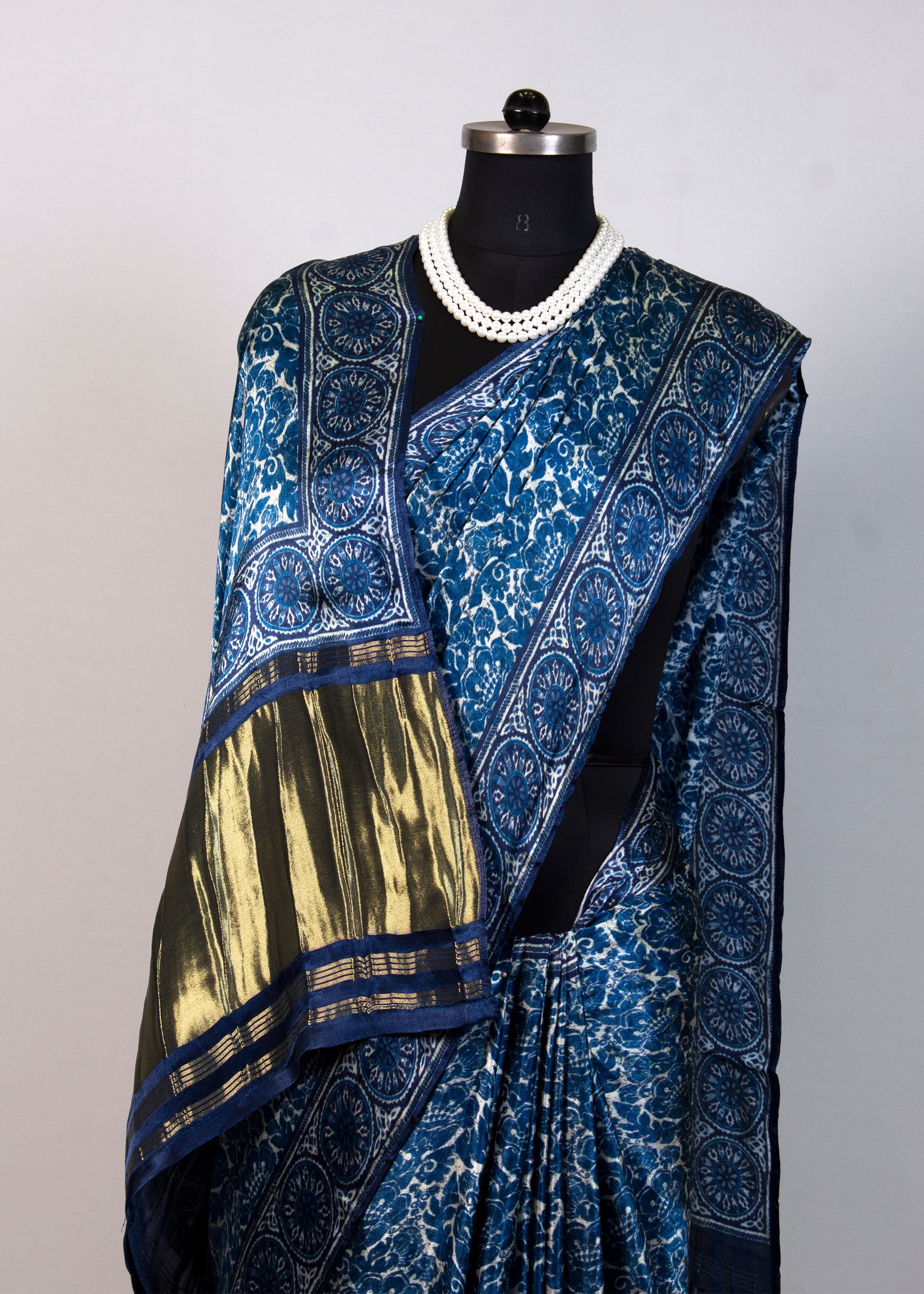 Indigo Blue Floral Printed Soft Gaji Silk Saree with a Stunning Lagdi Patta Zari Pallu - Pure Gaji Silk Saree 7002 Indigo Blue 3