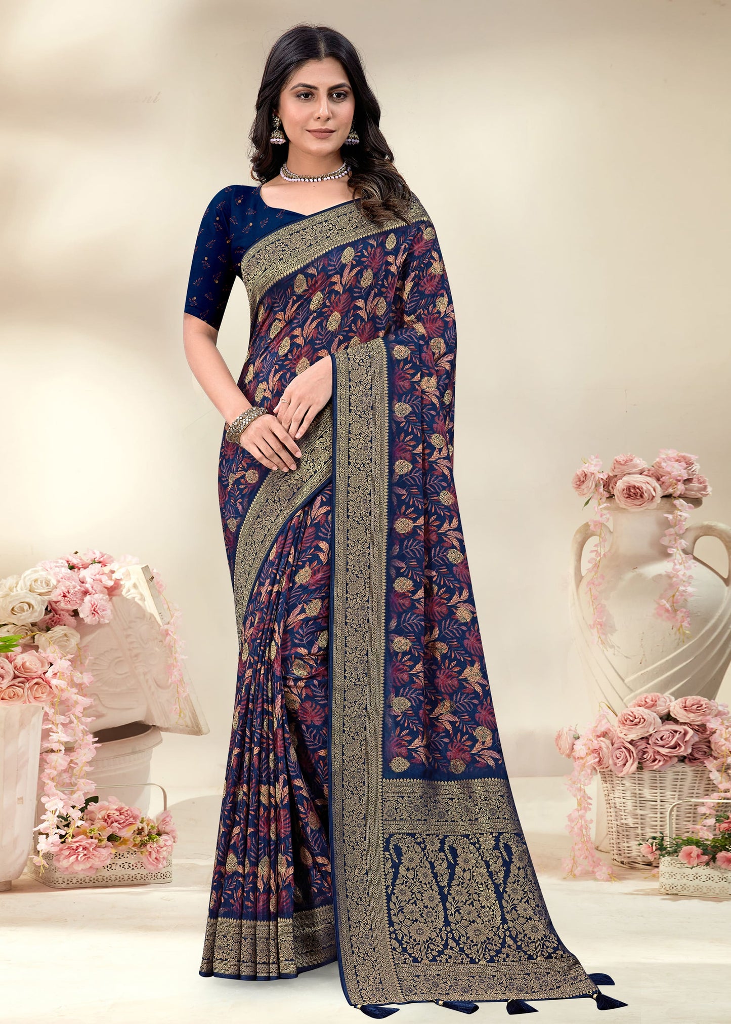 Indigo Blue Satin Silk Saree with Artistic Leaf Prints, Woven Zari Border, and Delicate Buttis - Fiesta Silk 70079 Indigo Blue Image 1