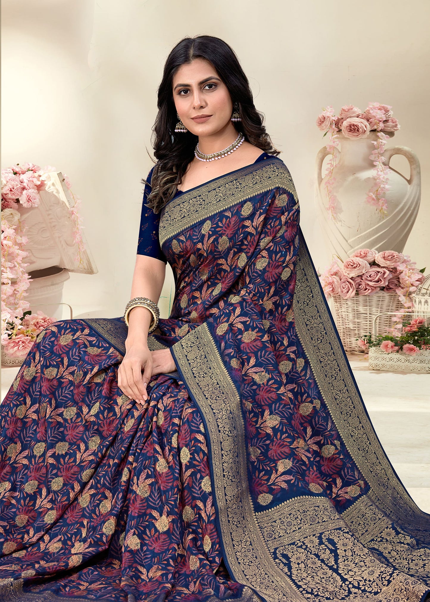 Indigo Blue Satin Silk Saree with Artistic Leaf Prints, Woven Zari Border, and Delicate Buttis - Fiesta Silk 70079 Indigo Blue Image 2