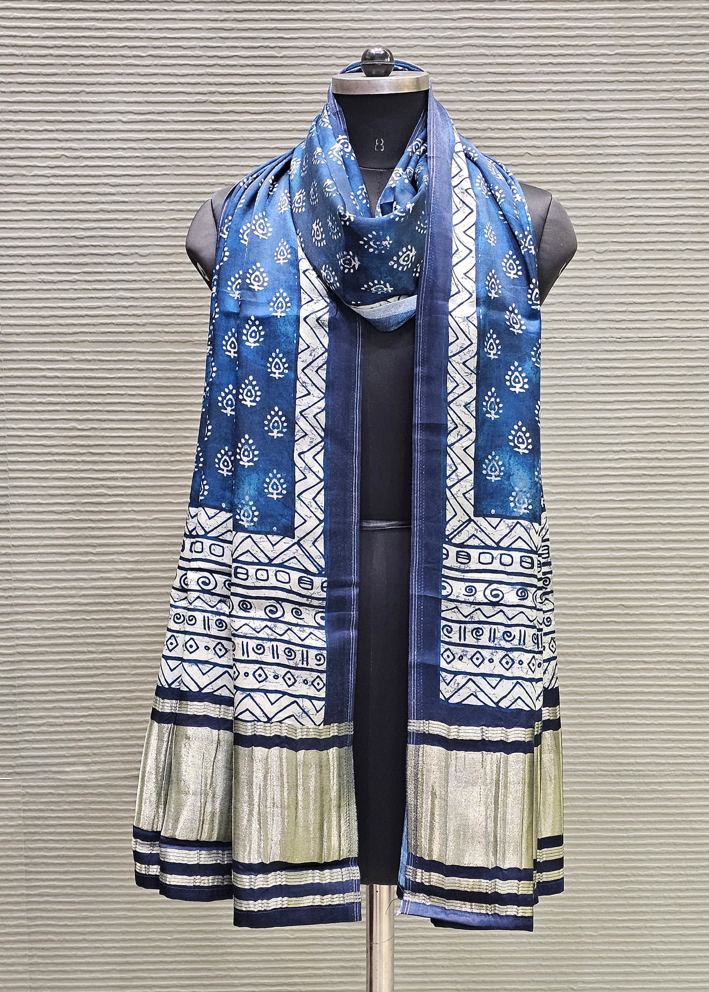 Indigo Blue Batik Digital Printed Gaji Silk Dupatta with Zari Weave Border Image 1