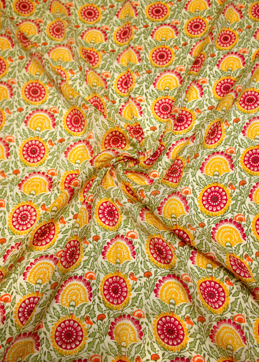 Jasmine Yellow Pure Viscose Georgette Fabric with Floral Kalamkari Table Print - Pure Viscose Georgette  D.No. 3505 Jasmine Yellow Front  Image View 1