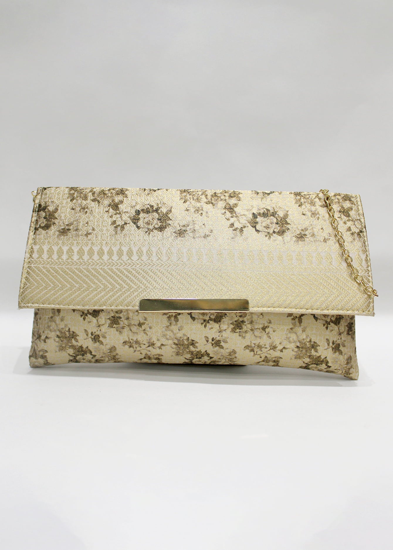 Jasmine Zari Woven Art Silk Floral Printed Clutch with Golden Sling - Clutch D. No. 03 P37 Jasmine Front View Image