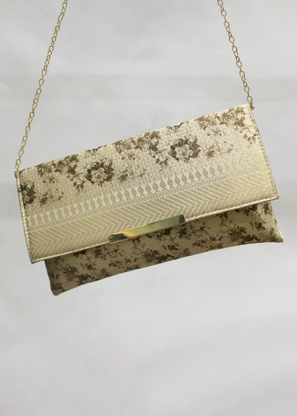 Jasmine Zari Woven Art Silk Floral Printed Clutch with Golden Sling - Clutch D. No. 03 P37 Jasmine Side View Image