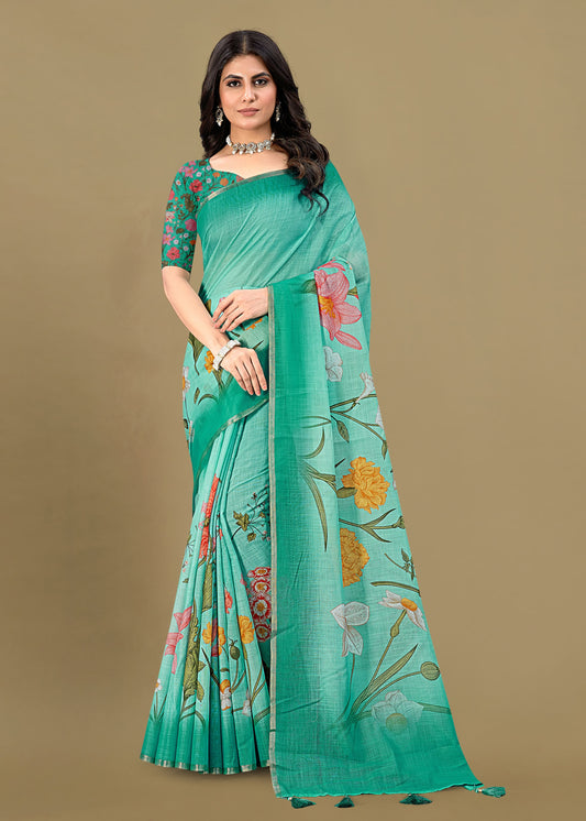 Jungle Green Linen Silk Saree Adorned with Floral Patterns and Zari Border - Tapi Prints 51006 Jungle Green First Image