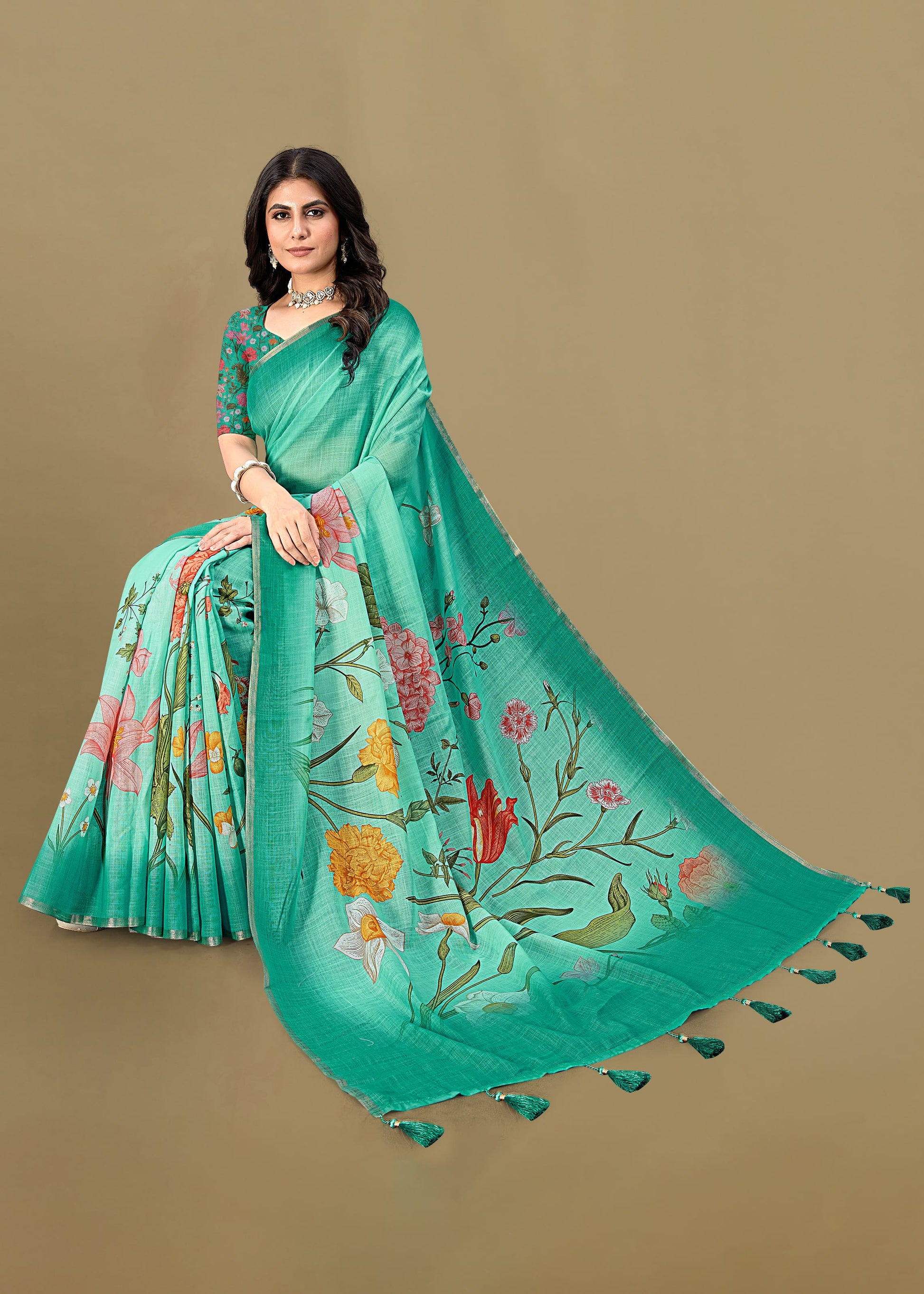 Jungle Green Linen Silk Saree Adorned with Floral Patterns and Zari Border - Tapi Prints 51006 Jungle Green Second Image