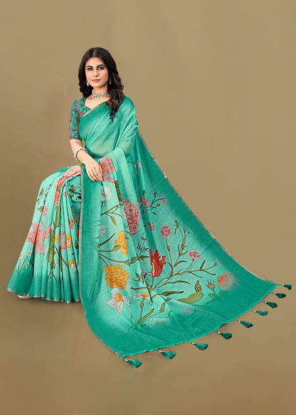 Jungle Green Linen Silk Saree Adorned with Floral Patterns and Zari Border - Tapi Prints 51006 Jungle Green Second Image