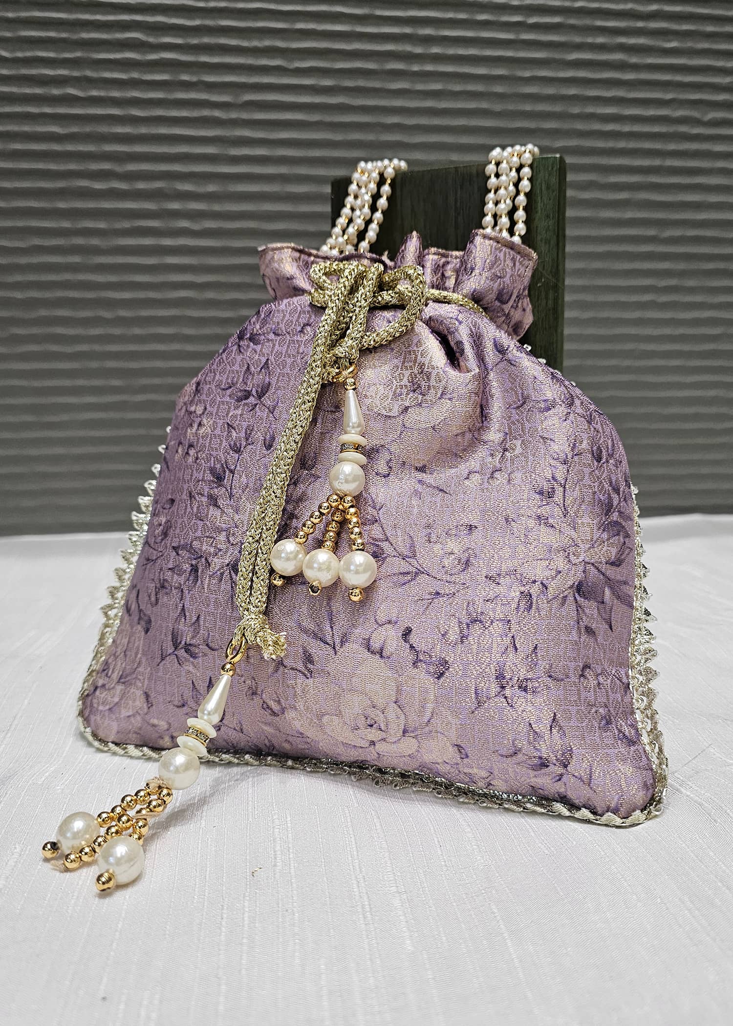 Lavender Digital Printed Zari Woven Art Silk Ethnic Potli Bag with Pearl String Handle - Potli Bag  D.No.06 P62 Lavender Full image View