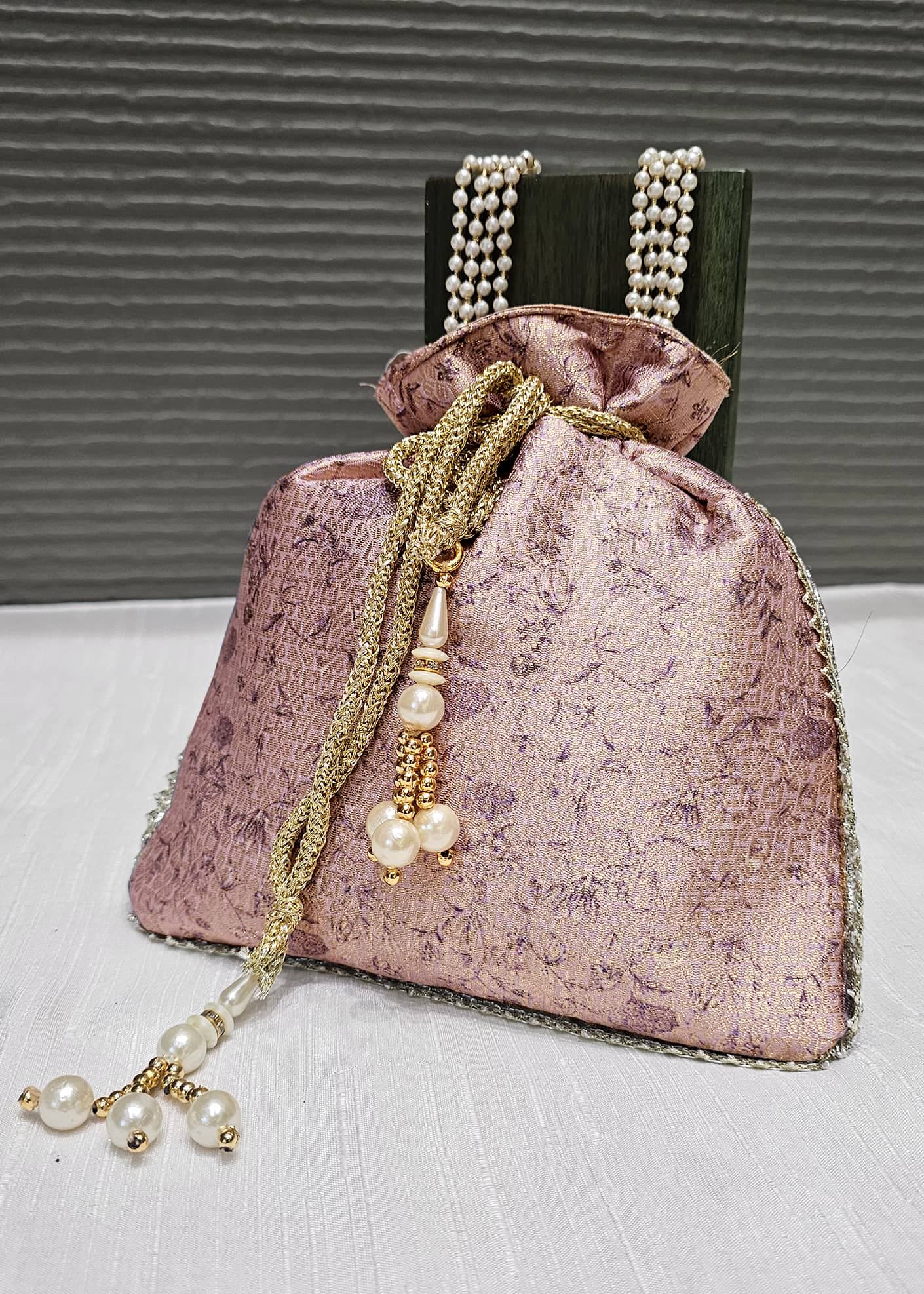 Lavender Digital Printed Zari Woven Art Silk Ethnic Potli Bag with Pearl String Handle - Potli Bag D.No.07 P71 Lavender Full Image