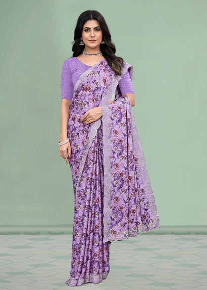 Lavender Silk Georgette Saree with Abstract Floral Design and Cutwork Embroidery Border - Rupam Prints 91029-B Lavender Image 1