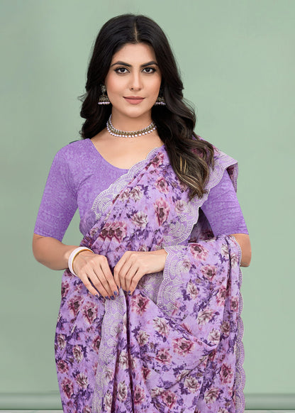 Lavender Silk Georgette Saree with Abstract Floral Design and Cutwork Embroidery Border - Rupam Prints 91029-B Lavender Image 2